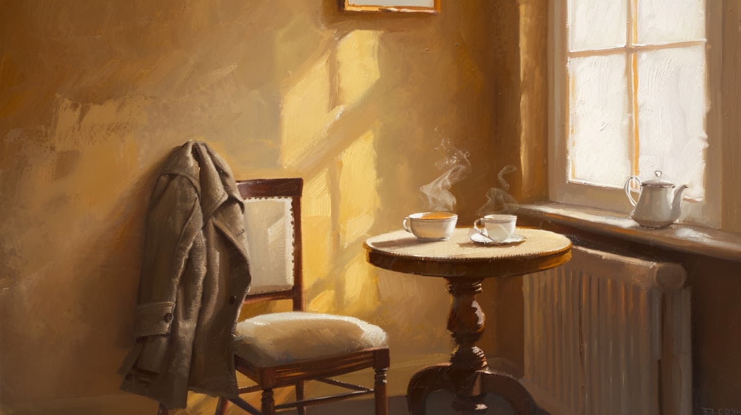 An empty chair at a small table. A coat draped over the chair back. Warm amber light from a window. A cup of tea, still steaming.
