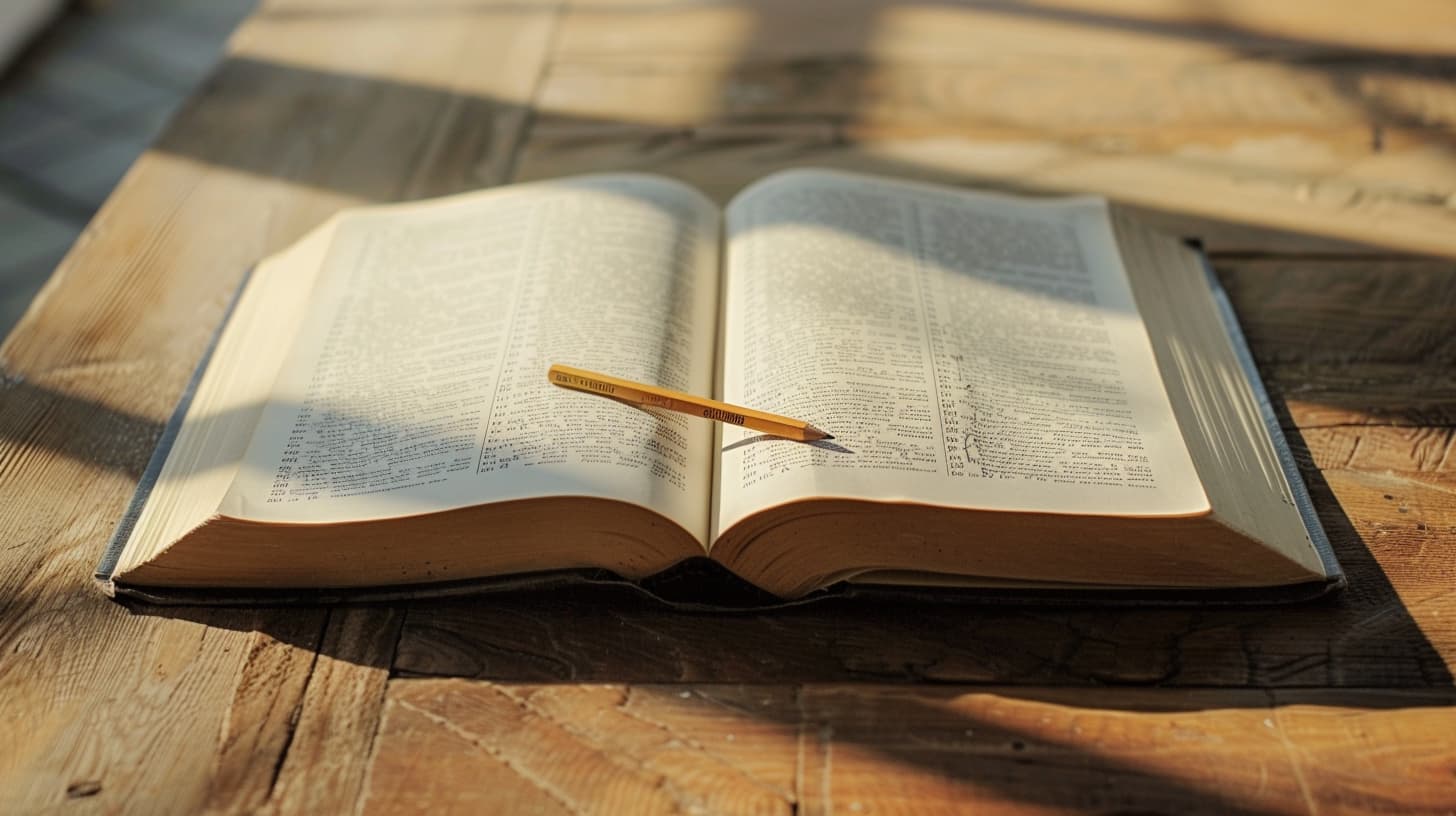 An open book on a wooden table. Morning light across the pages. A pencil resting in the margin. Traces of annotation barely visible.